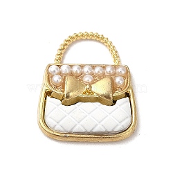 Alloy Enamel Charms, with ABS Plastic Imitation Pearl Beads, Cadmium Free & Nickel Free & Lead Free, Golden, Handbag with Bowknot Charm, White, 18.5x16x4.5mm, Hole: 4.5x8mm(ENAM-F144-06B)