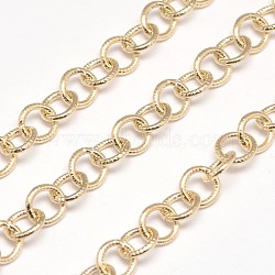 Electroplate Iron Cable Chains, Textured, Soldered, with Spool, Oval, Lead Free & Nickel Free, Golden, 7x1mm, about 98.42 Feet(30m)/roll(CH-M002-07MG-FF)