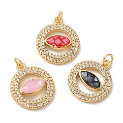 Brass Micro Pave Cubic Zirconia Pendants, with Enamel & Shell, Long-Lasting Plated, Lead Free & Cadmium Free, Real 18K Gold Plated, Round with Eys, with Jump Ring, Mixed Color, 20x17x4mm, Hole: 3mm(KK-K385-044G)