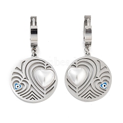 Flat Round with Heart 304 Stainless Steel Dangle Earrings, ABS Plastic Pearl and Enamel Evil Eye Hoop Earrings for Women, Stainless Steel Color, 38x19.5mm(EJEW-L283-073P)