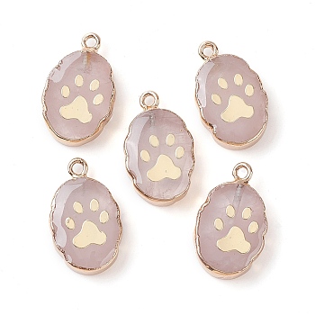 Natural Rose Quartz Oval Pendants, Golden Plated Brass Oval Charms with Paw Print, 22~22.5x13~13.5x4.5mm, Hole: 1.6~1.8mm