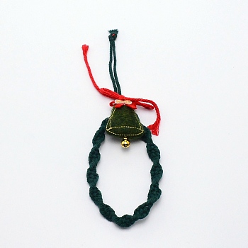 Christmas Theme Cotton Weave Pendant Decorations, Ring with Bell, for Wedding Festival Party Decoration, Dark Green, 260mm