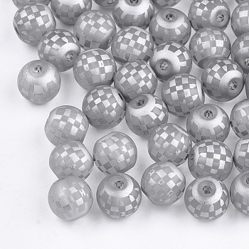 Electroplate Glass Beads, Plaid Beads, Frosted, Round with Tartan Pattern, Silver, 8~8.5mm, Hole: 1.5mm