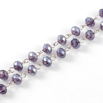 Handmade Rondelle Glass Beads Chains for Necklaces Bracelets Making, with Iron Eye Pin, Unwelded, Platinum, Medium Orchid, 39.3 inch, about 88pcs/strand