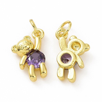 Brass Micro Pave Clear Cubic Zirconia Charms, with Jump Rings, Bear, Indigo, 14x11x4mm, Hole: 4mm