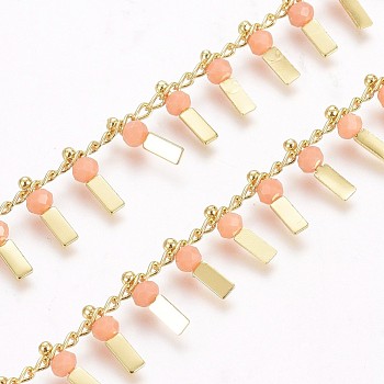 3.28 Feet Handmade Glass Beaded Chains, with Real 18K Gold Plated Brass Curb Chains, Long-Lasting Plated, Soldered, Lead Free & Cadmium Free, Rectangle, Coral, 2.5x1.8x0.3mm, Rectangle: 9x3x3mm