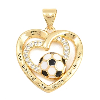 Football Brass Micro Pave Cubic Zirconia Pendants, with Enamel, Golden, Heart, 20x20x5mm, Hole: 4x3mm