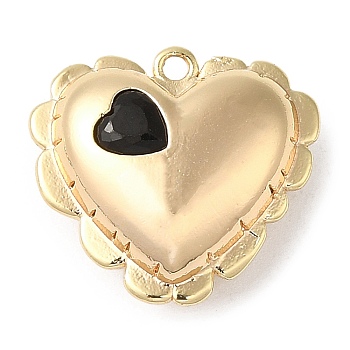 Brass Pendants, with Glass, Nickel Free, Heart Charms, Real 18K Gold Plated, Black, 15.5x16.5x6.5mm, Hole: 1.2mm