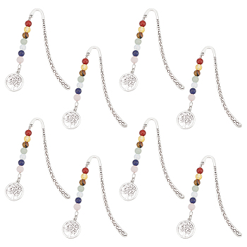 Chakra Theme Natural & Synthetic Gemstone Beads Bookmarks,Alloy Tree of Life Bookmarks, Antique Silver, 153mm, 12pcs/set