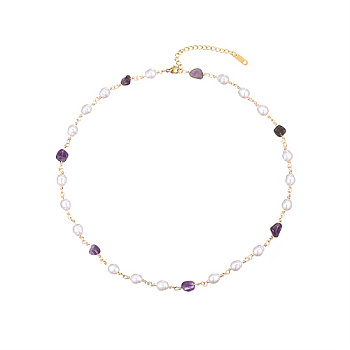 Stainless Steel Link Chain Necklaces for Women, with Natural Pearl and Natural Amethyst Chip Beads, Golden, 16.93 inch(43cm)