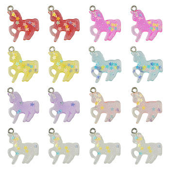 28Pcs 7 Colors Transparent Resin Pendants, Unicorn Charms with Colorful Star Paillette and Platinum Plated Iron Loops, Mixed Color, 23x19x4mm, Hole: 1.8mm, 4pcs/color