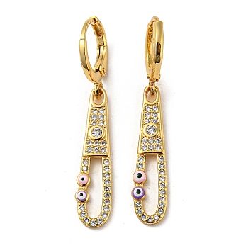 Real 18K Gold Plated Brass Dangle Leverback Earrings, with Enamel and Cubic Zirconia, Evil Eye, Pearl Pink, 38.5x6mm