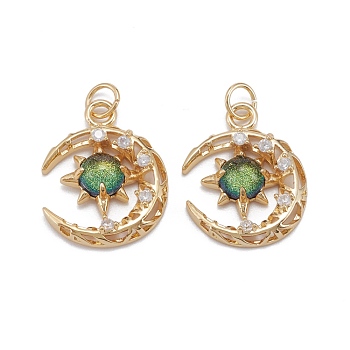 Brass Micro Pave Clear Cubic Zirconia Glass Pendants, with Jump Ring, Long-Lasting Plated, Moon, Cadmium Free & Lead Free, Real 18K Gold Plated, Green, 21x16.5x4.5mm, Jump Ring: 5x0.8mm, 3.5mm Inner Diameter