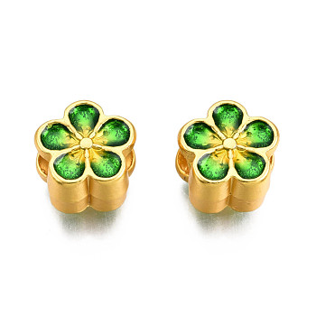 Rack Plating Eco-Friendly Alloy Enamel European Beads, Large Hole Beads, Cadmium Free & Lead Free, Matte Gold Color, Flower, Green, 10x10.5x7mm, Hole: 4mm