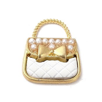 Alloy Enamel Charms, with ABS Plastic Imitation Pearl Beads, Cadmium Free & Nickel Free & Lead Free, Golden, Handbag with Bowknot Charm, White, 18.5x16x4.5mm, Hole: 4.5x8mm