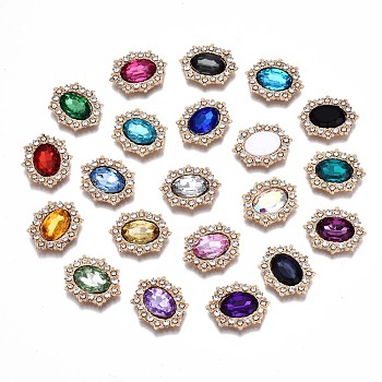 Alloy Acrylic Rhinestone Cabochons, with Rhinestone, Faceted, Oval, Cadmium Free & Lead Free, Mixed Color, Light Gold, 24x20x4.5mm