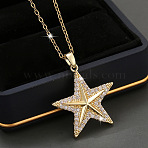 Brass Micro Pave Clear Cubic Zirconia Star Pendant Necklaces for Women, Real 14K Gold Plated, 14.96 inch(38cm)(FS-WG16544-01)
