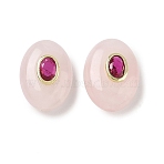 Natural Rose Quartz Beads, Flat Oval with Brass Pave Cubic Zirconia Findings, Golden, 18.5x13.5x9mm, Hole: 1.8mm(GG-CBA75E3-09)