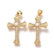Brass Micro Pave  Clear Cubic Zirconia Pendants, Cross, Real 18K Gold Plated, 31x18x4mm, Hole: 3x4mm(ZIRC-O038-02G)