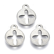 201 Stainless Steel Pendants, Cut-Out, Laser Cut, Flat Round with Hollow Clover, Stainless Steel Color, 12x10x1mm, Hole: 1.4mm(STAS-R116-051)