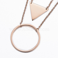 304 Stainless Steel Tiered Necklaces, with Lobster Clasps and Iron Extender Chains, Two Tiered Necklaces, Ring and Triangle, Rose Gold, 15.7 inch(40cm)(NJEW-K079-10RG)