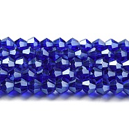 Transparent Electroplate Glass Beads Strands, Pearl Luster Plated, Faceted, Bicone, Dark Blue, 4x4mm, Hole: 0.8mm, about 87~98pcs/strand, 12.76~14.61 inch(32.4~37.1cm)(GLAA-F029-4mm-C06)