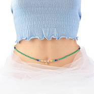 Glass Seed & Cat Eye Waist Beads, Brass Evil Eye Charm Belly Chains for Women, Medium Sea Green, 31.69 inch(80.5cm)(NJEW-C00030-04)