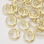 Alloy Pendants, with Crystal Rhinestone, Flat Round with Star and Moon, Light Gold, 20x17x3mm, Hole: 1.8mm(X-ALRI-N035-10)