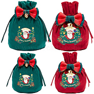 4Pcs 4 Styles Christmas Velvet Candy Apple Bags, with Iron Pendants, Bowknot Drawstring Pouches, for Gift Wrapping, Merry Christmas, Word, 13~15x14~16cm, 1pc/style(TP-CP0001-05A)