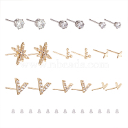 9Pair 9 Style Star & V-shape Brass Stud Earrings, Dainty Clear Cubic Zirconia Earrings for Women, Platinum & Golden, 3.5~14.5x3.5~14.5mm, Pin: 0.7mm, 1 pair/style(EJEW-KS0001-01)