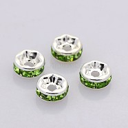 Brass Rhinestone Spacer Beads, Grade AAA, Straight Flange, Nickel Free, Silver Color Plated, Rondelle, Peridot, 5x2.5mm, Hole: 1mm(RB-A014-Z5mm-07S-NF)