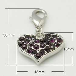 Alloy Rhinestone Pendants, Cadmium Free & Lead Free, Grade A, with Lobster Clasp, Heart, Platinum Metal Color, Amethyst, 30x18x4mm(RB-C1386-A11P)