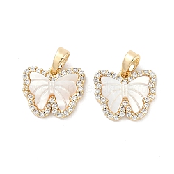 Natural White Shell Butterfly Charms, Brass Micro Pave Clear Cubic Zirconia Butterfly Charms, Real 18K Gold Plated, 12x14x2.5mm, Hole: 5x2.5mm(KK-U043-24G)