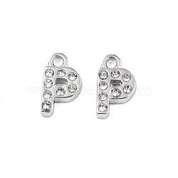 304 Stainless Steel Charms, with Crystal Rhinestone, Letter, Letter.P, 10~10.5x2~8x2mm, Hole: 1.2mm(STAS-N095-137P)