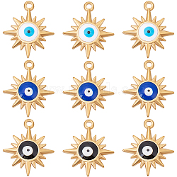 9Pcs 3 Colors Real 18K Gold Plated 304 Stainless Steel Pendants, with Enamel, Sun with Evil Eye Charm, Mixed Color, 21x18x3mm, Hole: 1.6mm, 3pcs/color(STAS-BBC0003-48)