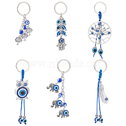 AHADEMAKER 6Pcs 6 Style Alloy Keychain, with Iron Key Rings, Evil Eye Glass Round Beads and Polyester Cord, Evil Eye Theme, Mixed Shapes, Antique Silver & Platinum, 9.6~13.5cm, 1pc/style(KEYC-GA0001-09)