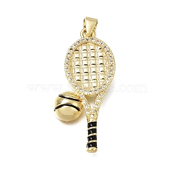 Brass Micro Pave Clear Cubic Zirconia Pendants, Racket with Ball Charms, Real 18K Gold Plated, Black, 33.5x16x4.5mm, Hole: 4x3.5mm(CU-CBA108A-09G-02)