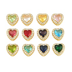 Brass Pave Cubic Zirconia Beads, with Glass, Long-Lasting Plated, Rack Plating, Cadmium Free & Lead Free, Heaet, Golden, Mixed Color, 9.5x9.5x6mm, Hole: 1.6x3mm(CU-CBA3D67-08G)