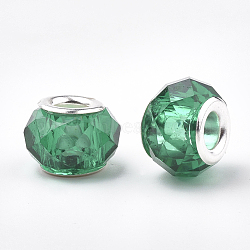 Acrylic European Beads, Large Hole Beads, with Silver Color Plated Brass Cores, Faceted, Rondelle, Light Sea Green, 13~14x9~10mm, Hole: 4.5mm(GPDL-S040-08)