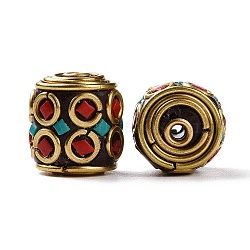Handmade Indonesia Beads, with Brass Findings and Resin, Antique Golden, Column, Medium Turquoise, 14x14mm, Hole: 1.8mm(KK-G454-08G-01)