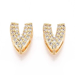Brass Micro Pave Clear Cubic Zirconia Beads, Letter, Nickel Free, Letter V, 9x7x5mm, Hole: 3X1.8mm(KK-T071-17G-V)