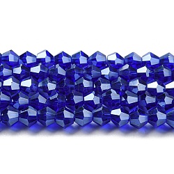 Transparent Electroplate Glass Beads Strands, Pearl Luster Plated, Faceted, Bicone, Dark Blue, 4x4mm, Hole: 0.8mm, about 87~98pcs/strand, 12.76~14.61 inch(32.4~37.1cm)(GLAA-F029-4mm-C06)