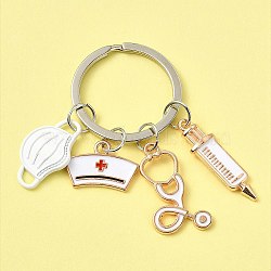 Mask & Nurse Cap & Injection Syringe & Stethoscope Enamel Pendant Keychain, Medical Theme Alloy Keychain, White, 6.2cm(KEYC-YW0001-09A)