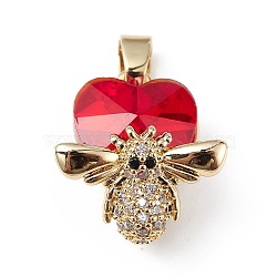 Real 18K Gold Plated Rack Plating Brass Micro Pave Clear Cubic Zirconia Pendants, with Glass, Long-Lasting Plated, Cadmium Free & Lead Free, Bee with Heart Charm, Crimson, 19x16x10mm, Hole: 3.5x5mm(KK-C015-32G-13)