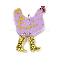 Opaque Printed Acrylic Big Pendants, with Platinum Iron Jump Ring, Hen with Glitter Boots Charms, Lilac, 51.5x34.5x2mm, Hole: 5mm(SACR-L004-07P-03)