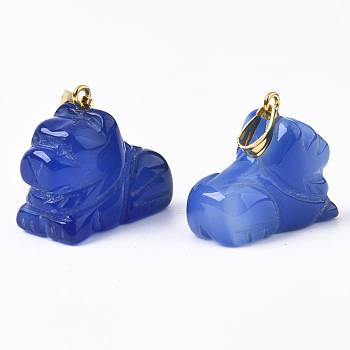 Natural Agate Pendants, with Golden Plated Metal(Brass or Iron Materials Random Delivery) Snap On Bails, Dyed, Dog, Blue, 18x20x10.5mm, Hole: 2x5mm