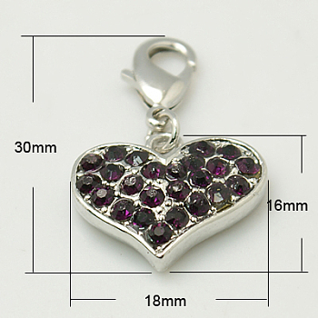 Alloy Rhinestone Pendants, Cadmium Free & Lead Free, Grade A, with Lobster Clasp, Heart, Platinum Metal Color, Amethyst, 30x18x4mm