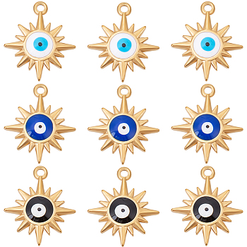 9Pcs 3 Colors Real 18K Gold Plated 304 Stainless Steel Pendants, with Enamel, Sun with Evil Eye Charm, Mixed Color, 21x18x3mm, Hole: 1.6mm, 3pcs/color
