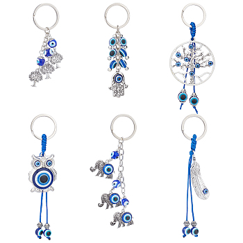 AHADEMAKER 6Pcs 6 Style Alloy Keychain, with Iron Key Rings, Evil Eye Glass Round Beads and Polyester Cord, Evil Eye Theme, Mixed Shapes, Antique Silver & Platinum, 9.6~13.5cm, 1pc/style