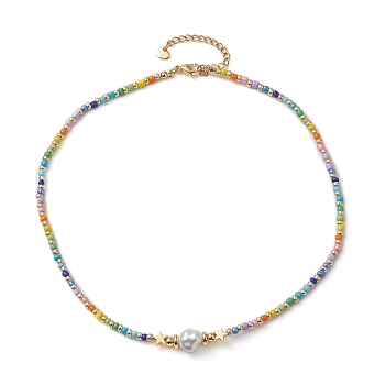 Natural Pearl & Seed Beaded Necklace, with 304 Stainless Steel Clasps, Colorful, 15.55 inch(39.5cm)